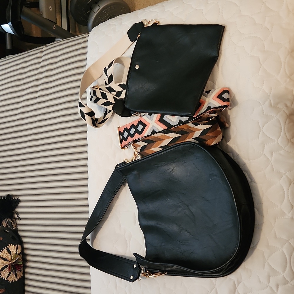 BRAND NEW AHDORNED Large Faux Leather Crossbody with 3 Straps and Travel Bag